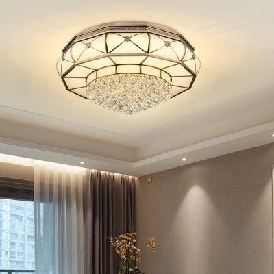 LED Flush Mount Fixture Modernist Drum Frosted Glass Flush Ceiling Light in Brass with Crystal Droplet