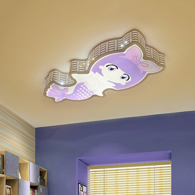 Mermaid Acrylic Ceiling Mounted Light Cartoon White and Purple LED Flushmount Lamp