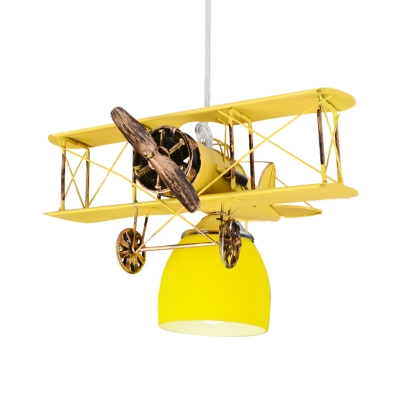 Metal Flyer Plane Pendant Light Kit Kids Single-Bulb Red/Yellow/Blue Ceiling Suspension Lamp with Bell Glass Shade