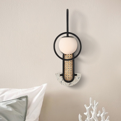 Metal Gooseneck Wall Light Designer 1 Bulb Black/Gold Sconce with Orb Glass Shade and Braided Rattan Detail