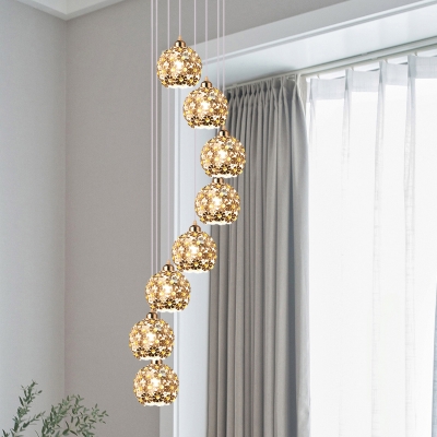 Metal Silver Multiple Hanging Light Dome 5/8 Bulbs Modern Suspension Lamp with Amber Crystal Accent