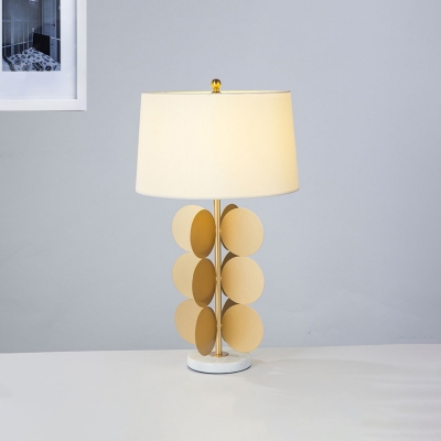 Mid Century Tapered Drum Shade Table Lamp 1-Light Fabric Nightstand Lighting in White with Gold Circles Base