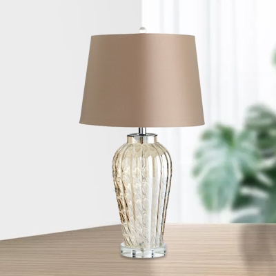 Modern Ribbed Jar Clear Glass Table Lamp Single-Bulb Nightstand Light with Tapered Fabric Shade in Coffee
