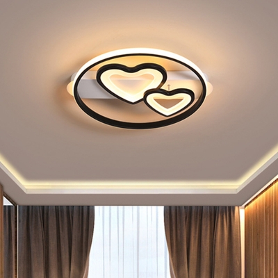 Modernist Loving Hearts LED Ceiling Mounted Light Acrylic Bedroom Flush Mount Lamp with Ring Design in Gold/Black and White, 18