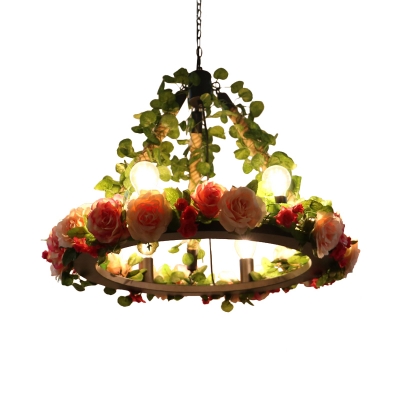 Natural Rope Cone Flower Chandelier Farmhouse 6-Light Dining Table Ceiling Suspension Lamp in Black