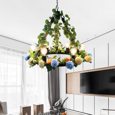 Natural Rope Cone Flower Chandelier Farmhouse 6-Light Dining Table Ceiling Suspension Lamp in Black