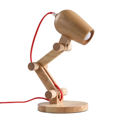 Nordic Robot Wood Table Light Single-Bulb Night Stand Lamp in Beige with Red Wire Cord