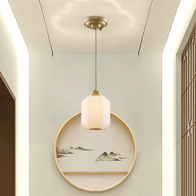 Opal Frosted Glass Ceiling Hanging Lantern Minimalist 1-Light Foyer Pendant Light Fixture in Brass