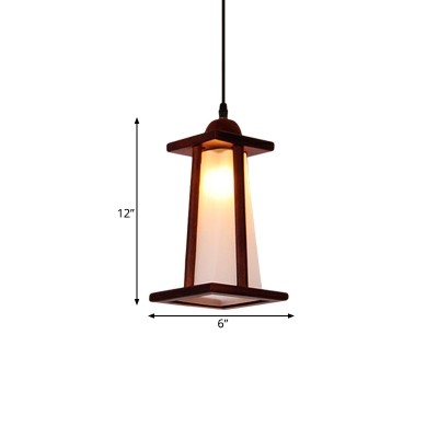 Opal Glass Brown Pendant Light Trapezoid 1 Light Warehouse Suspension Lighting for Dining Room with Wood Frame