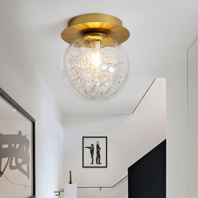 Pumpkin Ball Flush Mount Lighting Modern Clear Glass 1 Light Gold Ceiling Lamp Fixture with Metal Line Inside