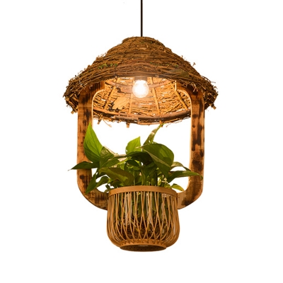 Rattan Hut Plant Pot Pendant Lamp Countryside 1-Light Restaurant Hanging Light Fixture in Brown