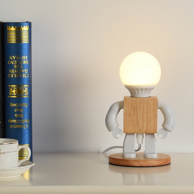 Robot Shape Small Desk Light Cartoon Metal 1 Light White and Wood Night Table Lamp