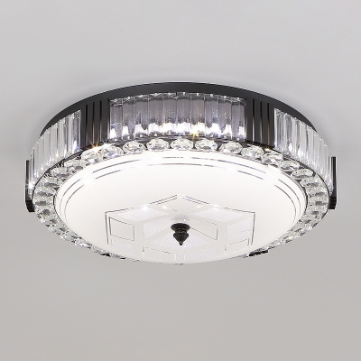 Round Metallic Ceiling Mounted Fixture Modern LED Bedroom Flush Lighting in Black with Crystal Accent