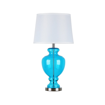 Single-Bulb Table Lamp Retro Urn Blue Glass Nightstand Light with Drum Lamp Shade