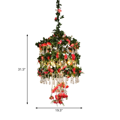 Trellis Cage Iron Hanging Chandelier Retro 3 Lights Restaurant Flower Ceiling Light in Black with Crystal Drop