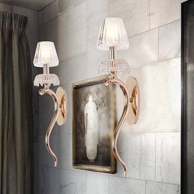 Umbrella Clear Prismatic Glass Sconce Modernism 1 Head Polished Rose Gold Wall Mount Lamp with Wavy Arm
