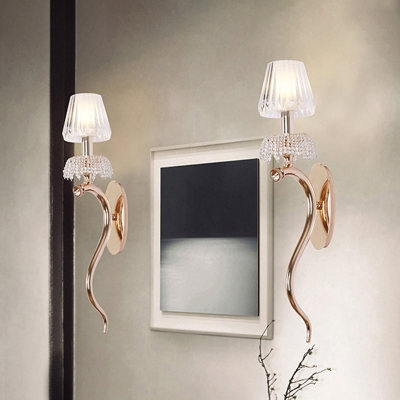 Umbrella Clear Prismatic Glass Sconce Modernism 1 Head Polished Rose Gold Wall Mount Lamp with Wavy Arm