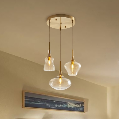 Wavy Multi Light Pendant Modernist Clear/Cognac Glass 3-Light Brass Hanging Ceiling Lamp