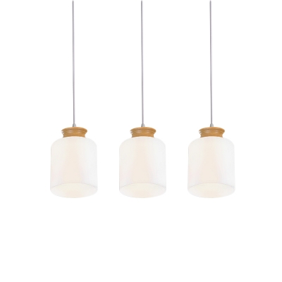 White Cylinder Multiple Hanging Light Modern 3 Heads Opal Glass Pendant Lamp with Wood Top, Round/Linear Canopy