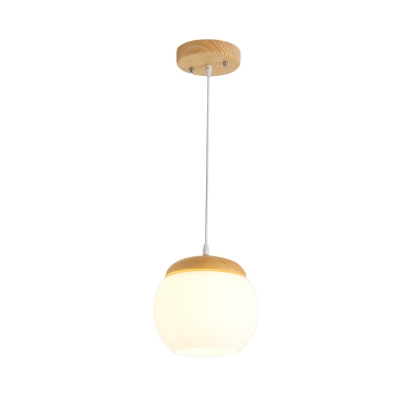 White Glass Ball Hanging Lighting Modern 1 Light Wood Ceiling Suspension Lamp for Bedside