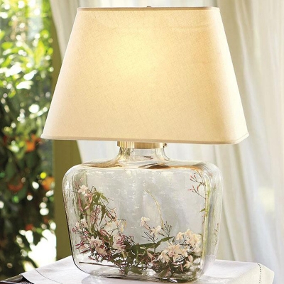 White Pagoda Night Lamp Rustic Fabric 1-Light Parlor Table Light with Square Jar Clear Glass Base