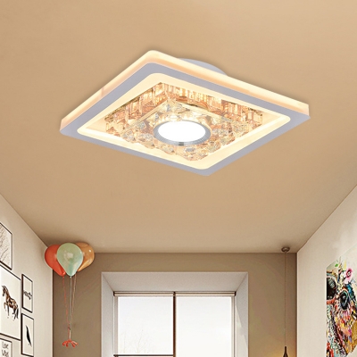 White Square Ceiling Fixture Modern Style Acrylic LED Corridor Flush Mount Lamp with Crystal Decor