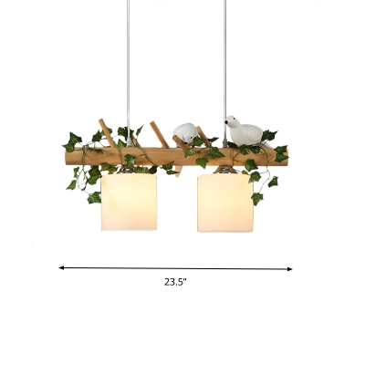 Wood 2/3 Lights Island Lamp Farmhouse Frosted Glass Cylinder Hanging Pendant with Bird and Maple Leaf/Green Plant