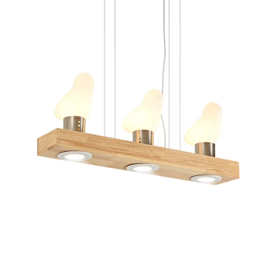Wood Rectangle Island Light Fixture Modernism 3 Lights Ceiling Pendant Lamp with Bird Frosted Glass Shade