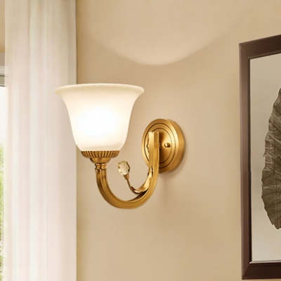 1/2-Light Bell Wall Sconce Traditional Brass Frosted Glass Wall Mount Fixture with Arm
