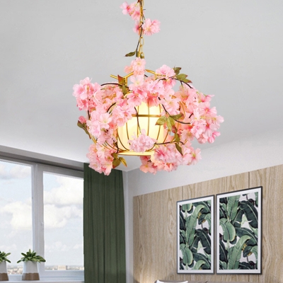 1 Head Plant Ceiling Hanging Lantern Lodge Red/Pink/Green Iron Pendulum Light with Fabric Shade Inside