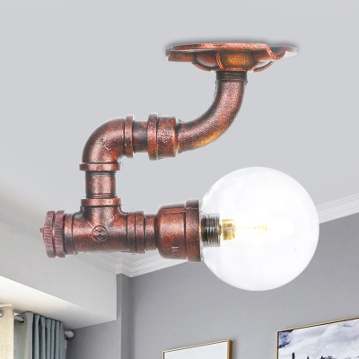 1-Light Ball Semi Flush Industrial Copper Finish Clear Glass LED Close to Ceiling Lighting