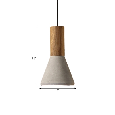 1 Light Ceiling Pendant Light Antiqued Cone/Trapezoid/Can Cement Hanging Lamp in Grey and Wood, 8.5