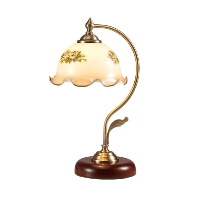 1-Light Floral Night Light Vintage Red Brown White Glass Night Table Lamp with Arc Arm
