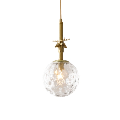1-Light Hammered Glass Pendulum Light Minimalism Brass Orb Bedside Pendant Lighting Fixture