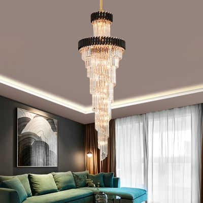 14-Bulb Spiral Hanging Chandelier Minimalism Black/Brass Beveled Crystal Ceiling Pendant Light