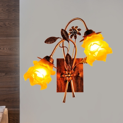 2 Bulbs Yellow Glass Wall Lighting Romantic Style Rust Bouquet Bedroom Wall Mounted Lamp
