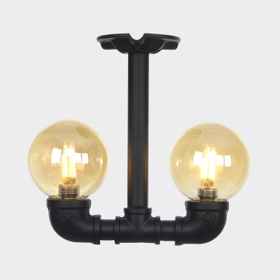 2 Lights Globe Semi Flush Ceiling Light Vintage Black Amber Glass Flushmount Lighting with Pipe Design