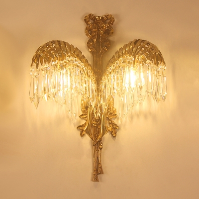 

2 Lights Wall Sconce Lighting Traditional Coconut Palm Shape Metallic Wall Mount Lamp in Brass with Crystal Drop, HL615805
