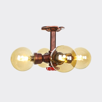 3/4 Lights LED Semi Flush Mount Industrial Orb Amber Glass Flush Ceiling Lamp in Copper