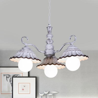 3/5 Lights Pendant Chandelier Pastoral Flared Ceramic Hanging Ceiling Light in White with Curved Arm