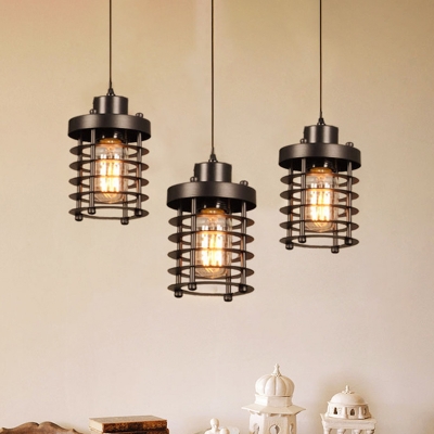 3 Lights Metal Multi-Pendant Light Industrial Black Cylinder Frame Restaurant Suspension Lamp