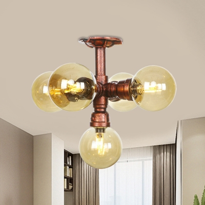 4/5/6 Heads Amber Glass Semi Flush Vintage Copper Globe Corridor LED Flush Mount Ceiling Light