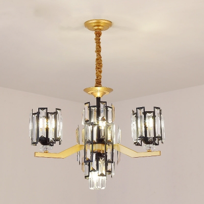4/7 Heads Cylinder Ceiling Chandelier Modernist Black and Gold Crystal Block Suspension Lamp
