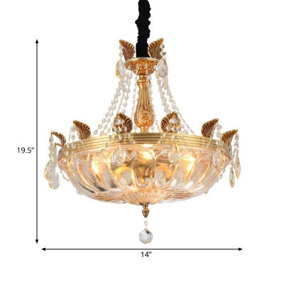 5-Light Bowl Chandelier Modern Brass Clear Crystal Glass Pendant Light with Leaf Design