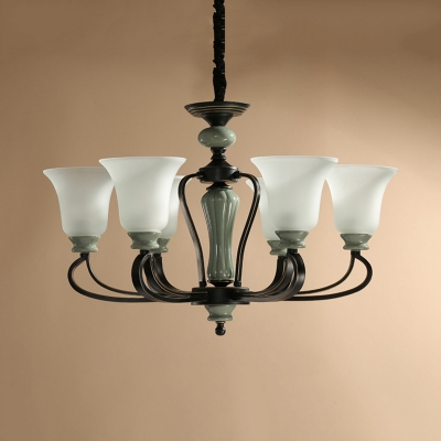 6/8 Bulbs Up Hanging Chandelier Vintage Living Room Pendant Lighting with Bell Frosted Glass Shade in Black