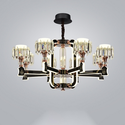 6/8 Lights Radial Ceiling Chandelier Modernist Black Metal LED Pendant Lamp with Drum Crystal Shade
