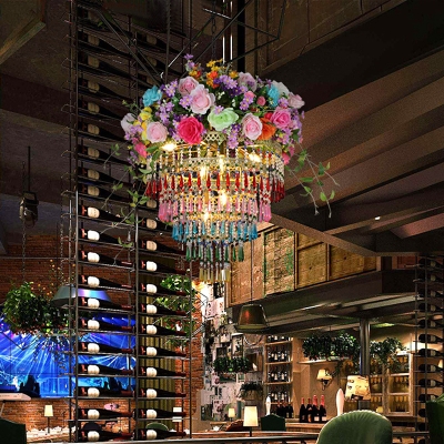 8 Lights Chandelier Lamp Retro Restaurant Pendant with Tiered Multicolored Crystal Shade in Gold