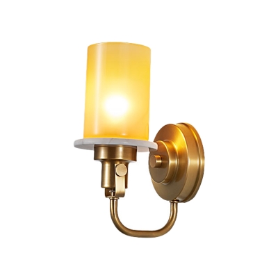 Amber Glass Pillar Wall Light Kit Vintage Single-Bulb Sitting Room Sconce Lamp with Brass Curved Arm