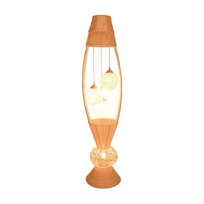Bamboo Rattan Fish Floor Light Asian 4 Bulbs Wood Standing Lamp with Dangling Ball Shade