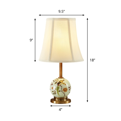 Bell Fabric Night Light Farmhouse 1 Light Bedside Table Lamp in White with Orb Printing Ceramics Deco